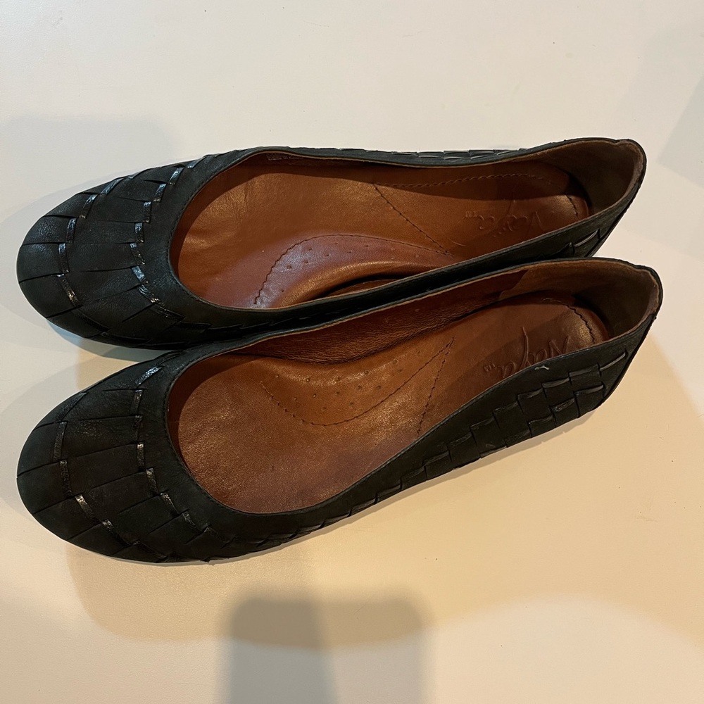 Naya Begonia Black Woven Leather Anthropology Flats with Bamboo Sole